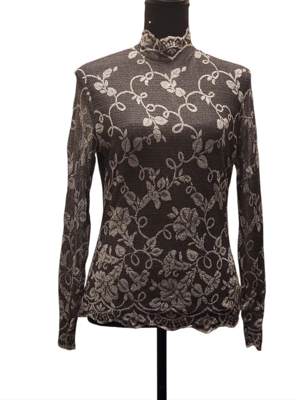 KC Collections Metallic Floral Lace Mock-Neck Top